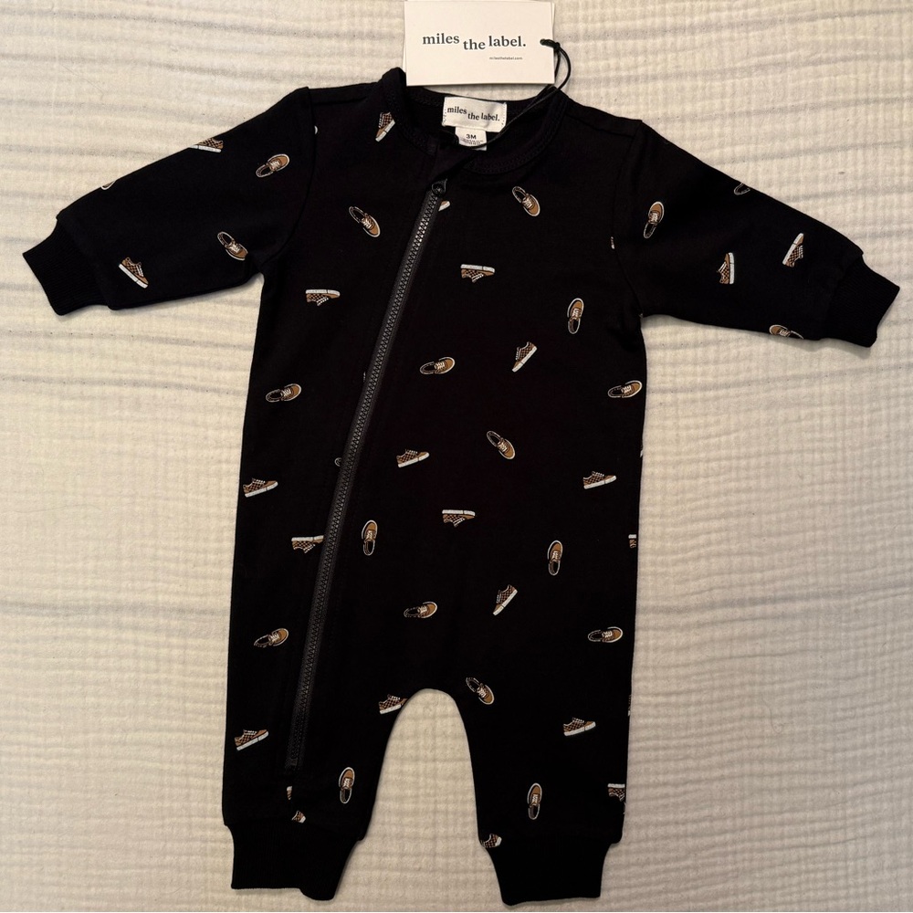 Miles the Label 3M Infant Black Shoe Print Organic Cotton One Piece Zip Outfit